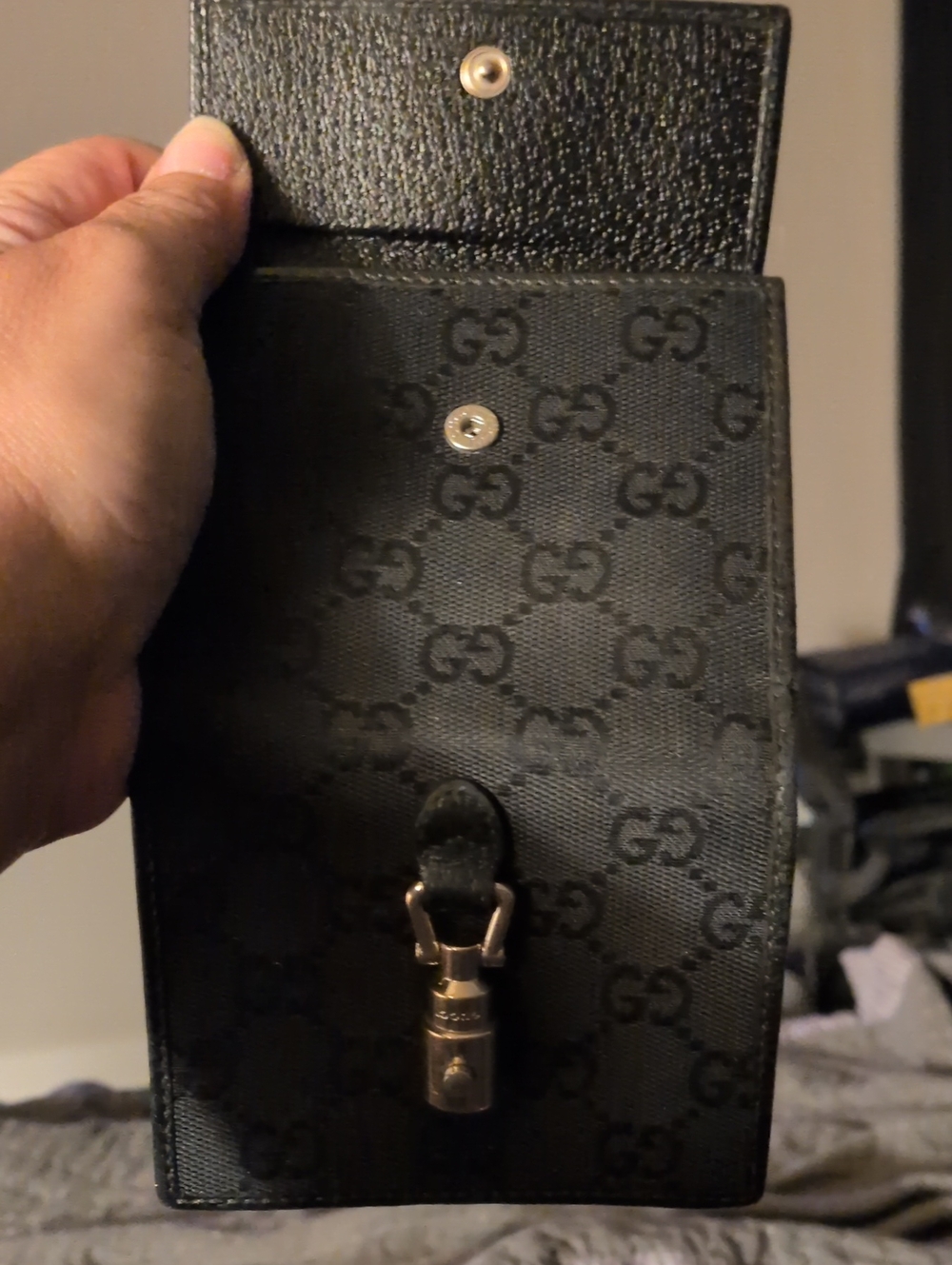 Gucci Black GG Monogram Key Pouch with Metal Clasp